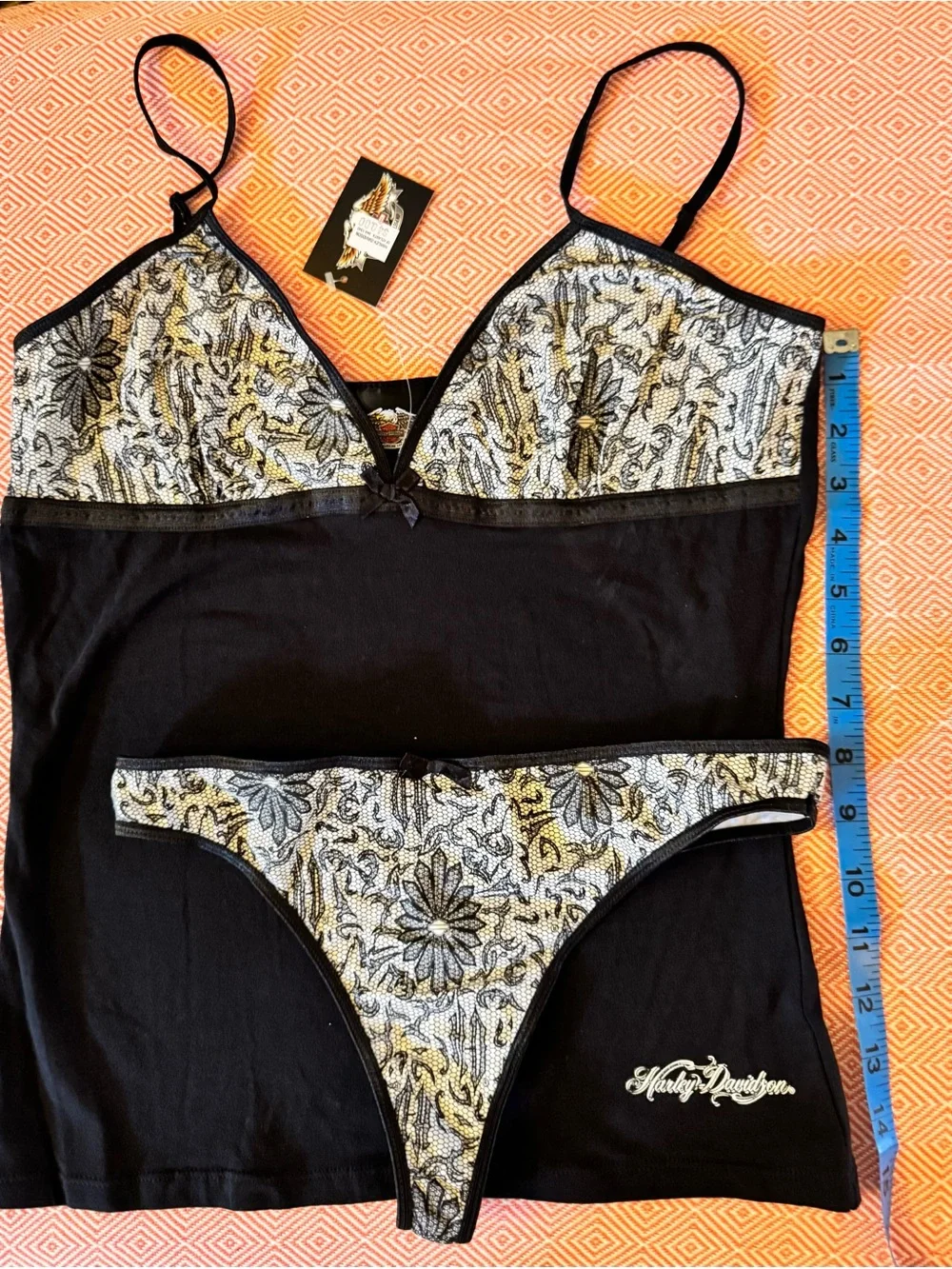 Harley-Davidson Black and cream Lace print, black Trim Bralette &  thong Set. - Picture 2 of 8